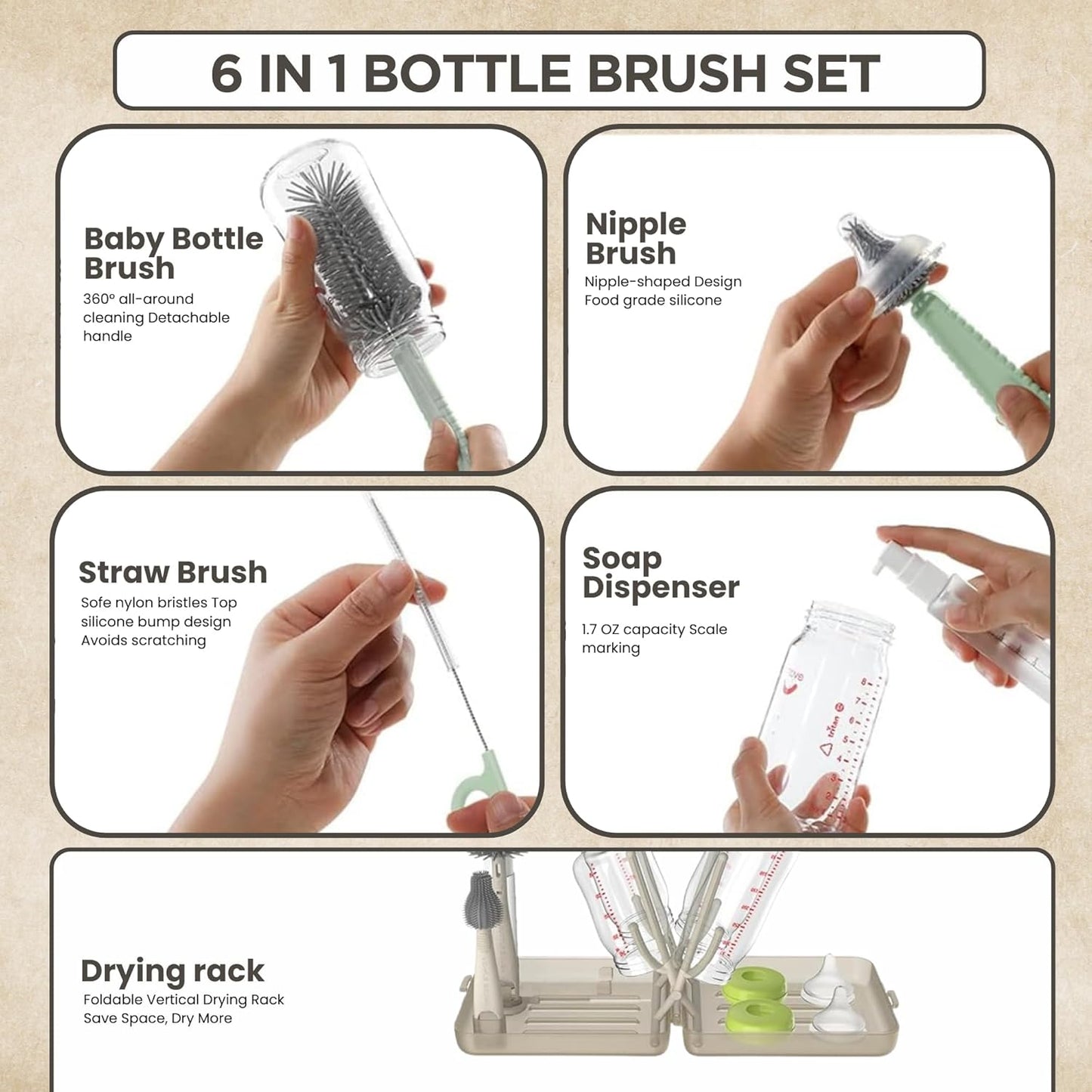Bottle Cleaning Kit – BPA Free Brush Set, 6 in 1 Travel Bottle Cleaner Kit with Silicone Brushes for Bottle, Breast Pump, Straw, Nipple - Portable Bottle Washing Kit