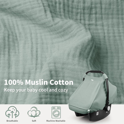 Rquite Car Seat Cover Baby, Carseat Covers Girl Boy, Breathable Muslin Cotton, Large Mesh Window, Infant Car Seat Canopy Baby Carrier Cover Stroller Sun Shade for Summer & Hot Day