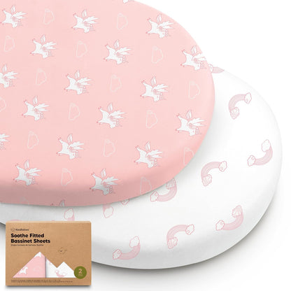 2-Pack Organic Bassinet Sheets for Girls, Boys - 100% Cotton Bassinet Mattress Sheets Compatible with Halo Bassinest Swivel Sleeper, Graco, Baby Delight, Chicco, Unisex Fitted Bassinet Sheets (Elly)