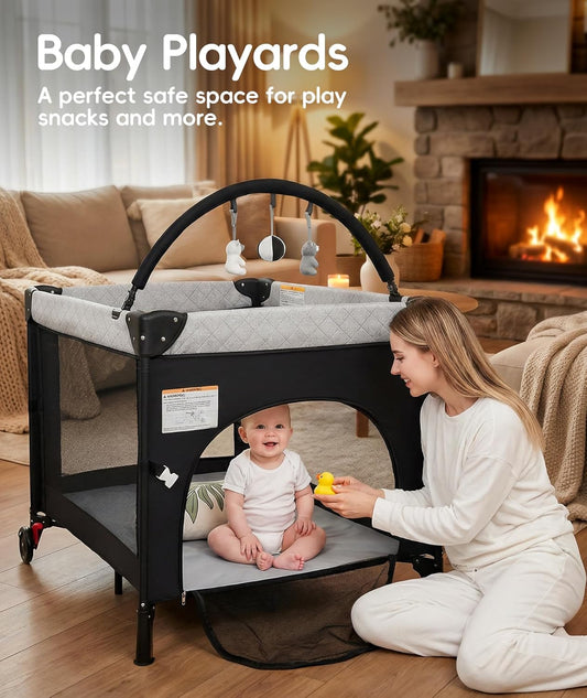 4 in 1 Baby Bassinet Bedside Crib with One-Hand Setup & Waterproof Mattress – ASTM-Certified Pack and Play, Portable Foldable Playard with Diaper Changer for Newborn to Toddler(Black)