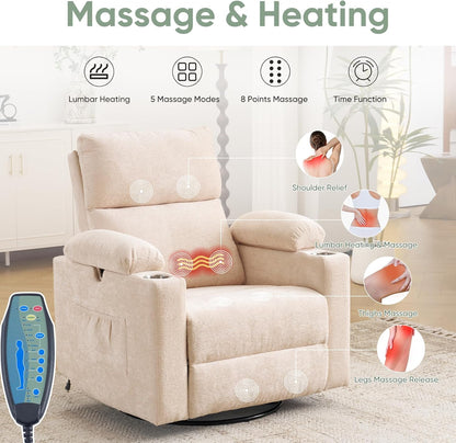 Rocking Chair Nursery with Adjustable Armrest for Breastfeeding, Glider Recliner Nursery Chair with Massage and Heat, Power Swivel Rocker Recliner with Adjustable Headrest, Corduroy, Beige
