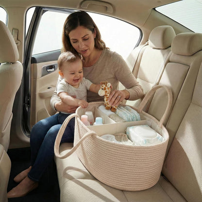 luxury little Diaper Caddy Organizer, Large Cotton Rope Nursery Baby Basket, Changing Table Organizer for Baby Diaper Storage, Portable Car Organizer Removable Divider (Off White, Large)