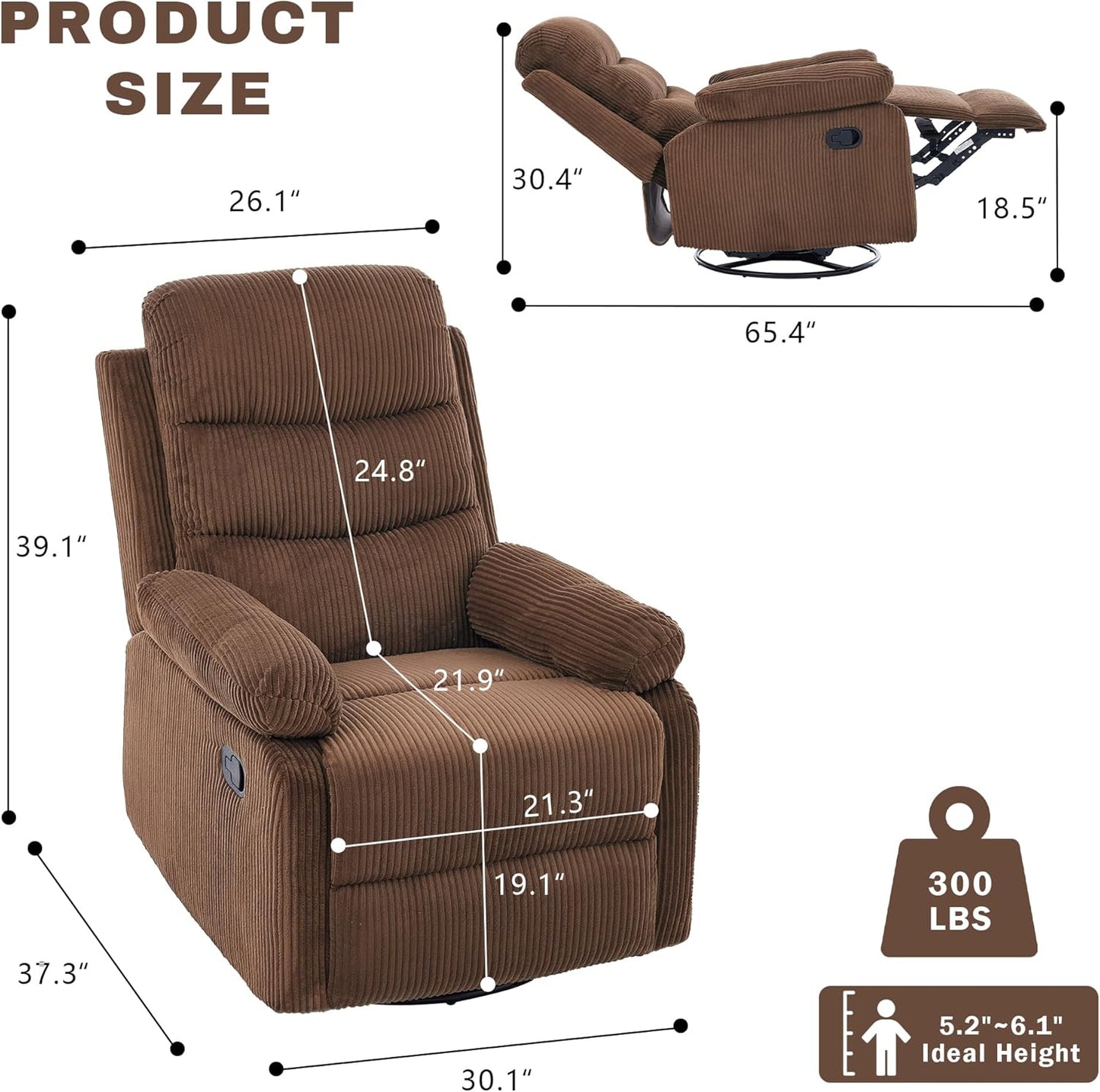Rocking Recliner Chair,Modern Swivel Glider Recliner Chair,Corduroy Fabric Upholstery Recliner,Manual Reclining Sofa Chair for Living Room,Office,Apartment (Beige)