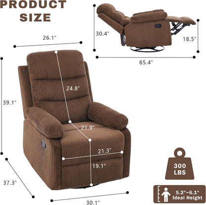 Rocking Recliner Chair,Modern Swivel Glider Recliner Chair,Corduroy Fabric Upholstery Recliner,Manual Reclining Sofa Chair for Living Room,Office,Apartment (Beige)