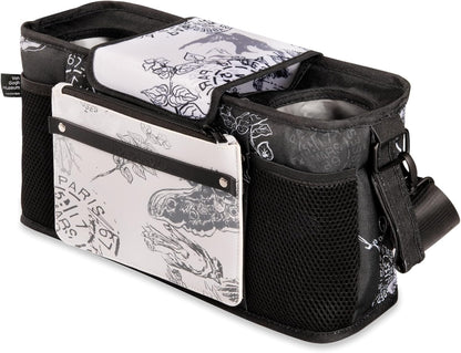 WONDERFOLD Universal Parent Console Stroller Organizer with Insulated Cup Holders, Hook & Loop Closure Handle Attachment, 2 Storage Pockets, Removable Shoulder Strap for Easy Transport