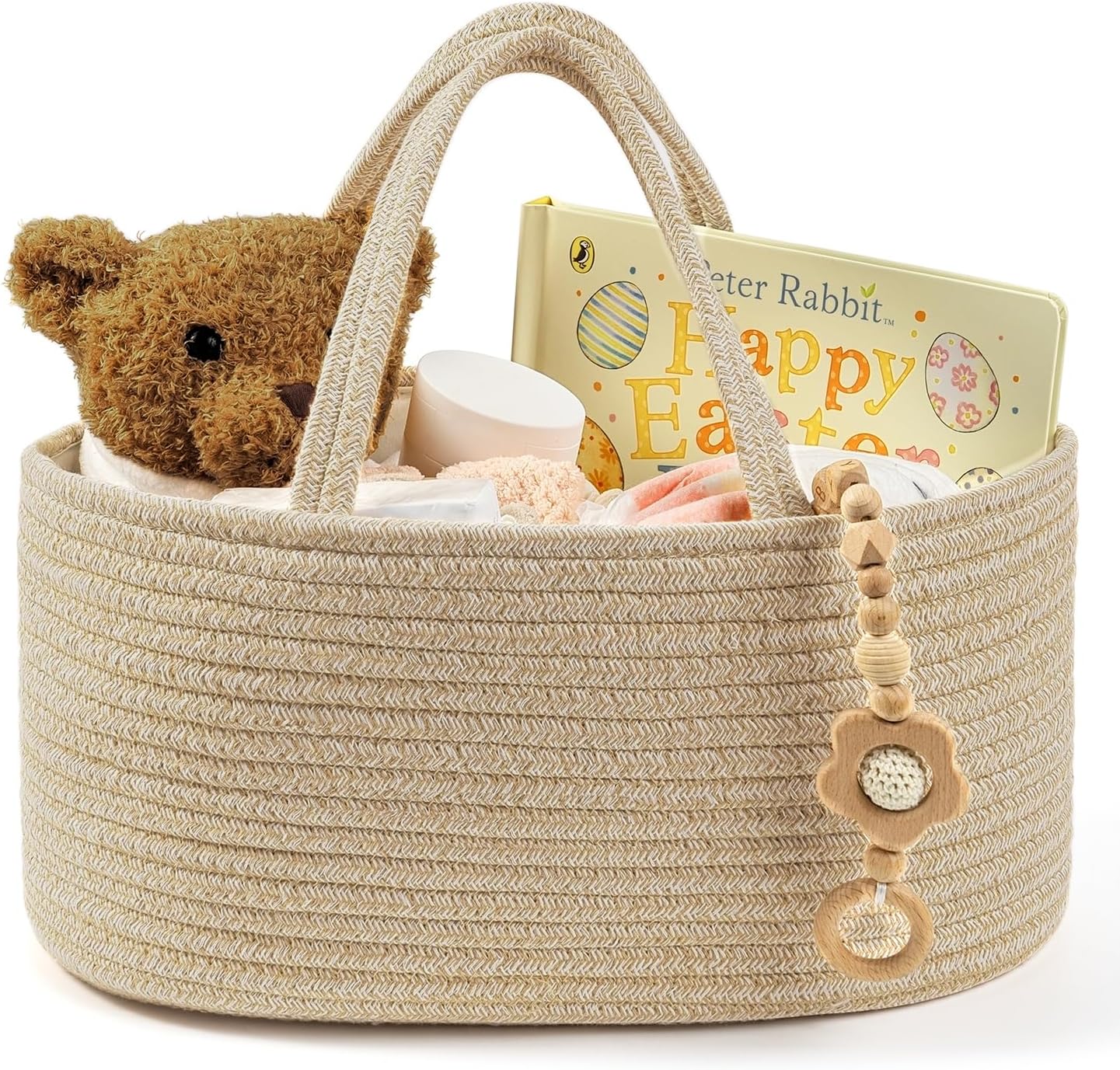 Diaper Caddy Organizer, Empty Gift Basket for Newborn Essentials, Baby Storage Basket, Stylish Gift Bag for Baby Shower, Boys and Girls – Small, White and Beige Brown