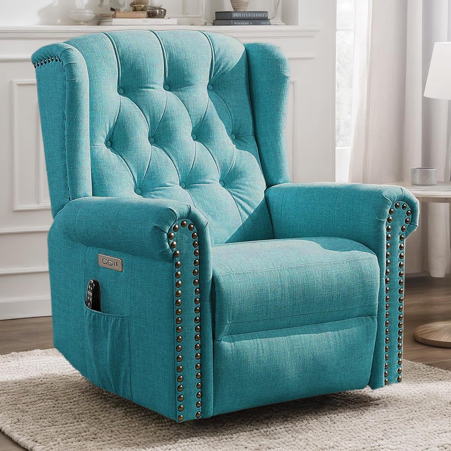 VIVIJASON Power Swivel Rocking Recliner Chair with Massage & Heat, Electric Rocker Nursery Glider Chair, Wingback Tufted Upholstered Recliner W/Type-C & USB Ports for Living Room, Bedroom, Beige