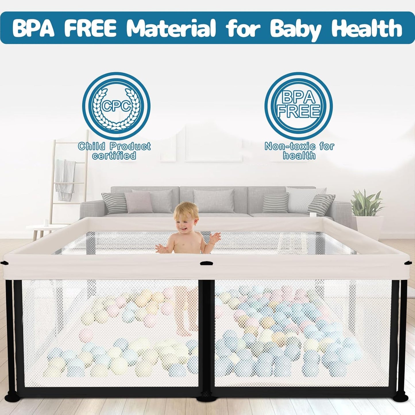 TOREVSIOR Foldable Baby Playpen with Mat, 50"×50" Collapsible Play Pen for Babies and Toddlers, Indoor & Outdoor Kids Safety Play Pen, Portable Play Yard, Foldable Baby Playpen with 50 Ocean Balls