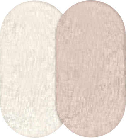 Muslin Bassinet Fitted Sheets 2 Pack, Soft Breathable Cotton Baby Bassinet Mattress Sheet Set, 360° Elastic Snug Fit, Universal for Oval, Rectangle & Hourglass Cradle, Unisex Baby Bedding (Cute Cars)