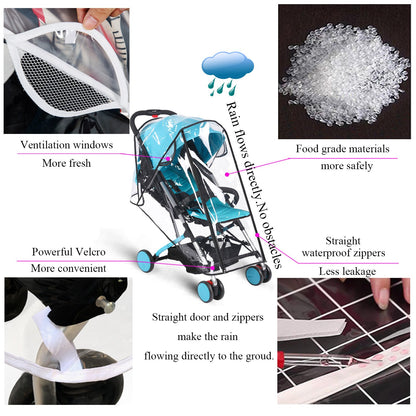 Baby Stroller Rain Cover Umbrella Weather Shield Accessories Universal Size Protect from Rain Wind Snow Dust Water Proof Ventilate Clear Food Grade Materia EVA Plastic Zipper Black (Large)