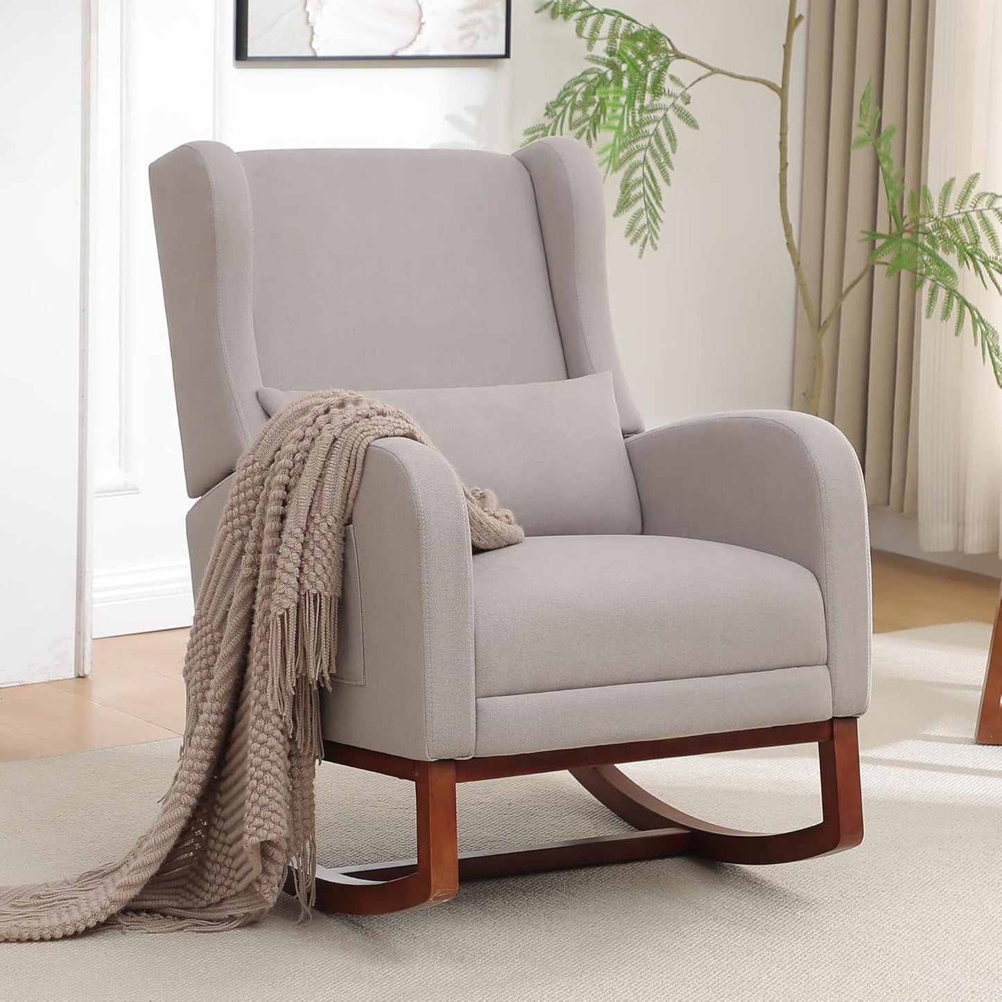 HCHAIRH Rocking Chair Nursery, Nursery Rocking Chairs with Foot Rest, Comfy Fabric Glider Rocker Nursing Chair with High Back for Nursing, Living Room, Bedroom, Beige