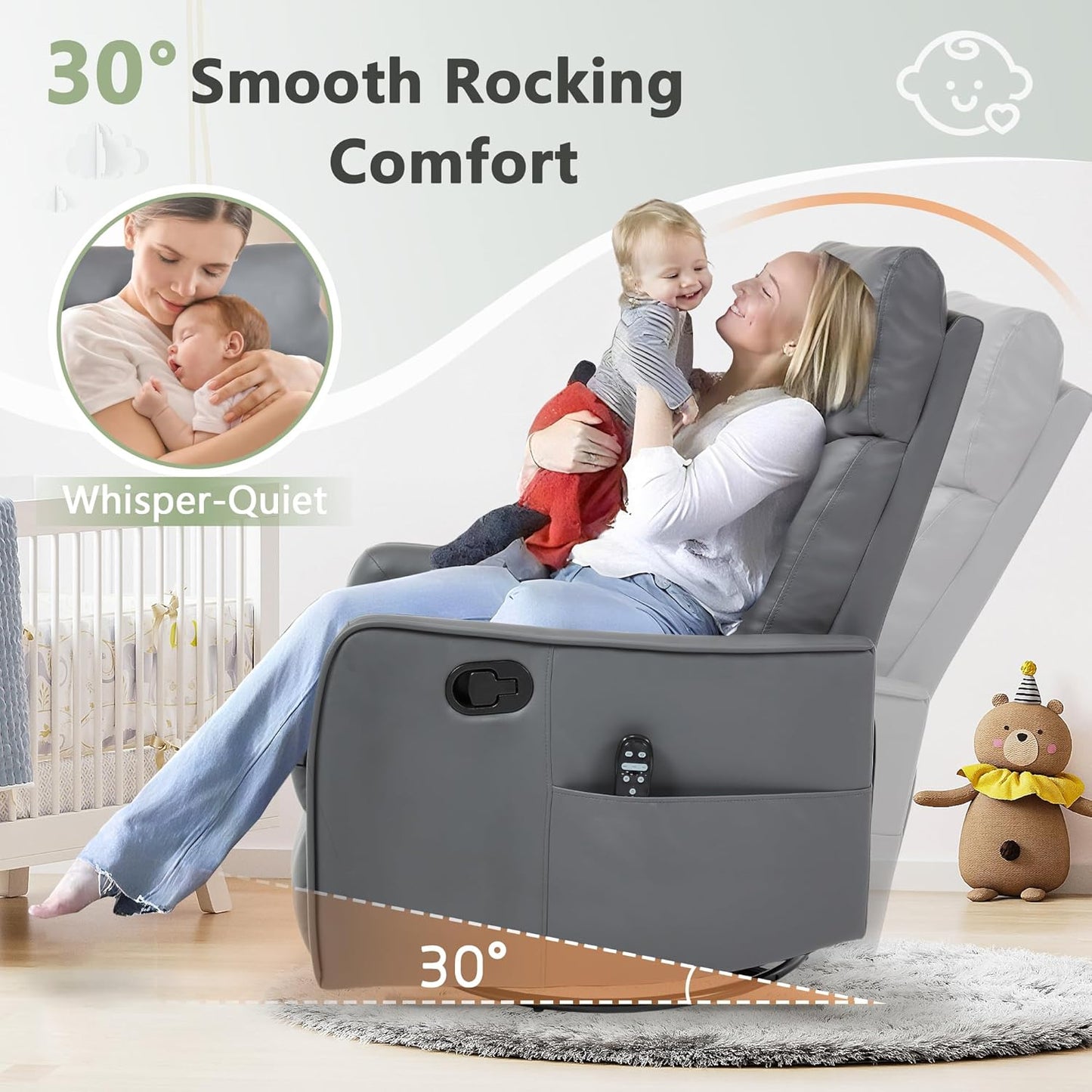 cinkehome Swivel Rocker Recliner, Glider Rocker Recliner Chair for Nursery, Manual Reclining Chair with Heated Massage, Small Spaces, Living Room, Khaki Chenille