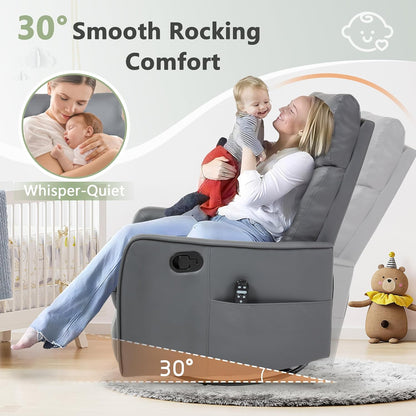 cinkehome Swivel Rocker Recliner, Glider Rocker Recliner Chair for Nursery, Manual Reclining Chair with Heated Massage, Small Spaces, Living Room, Khaki Chenille