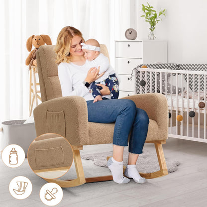 HCHAIRH Rocking Chair Nursery, Upholstered Fabricr Nursing Rocking Chairs with Soft High Back, Modern Nursery Glider Rocker for Mom Living Room, Bedroom, Camel