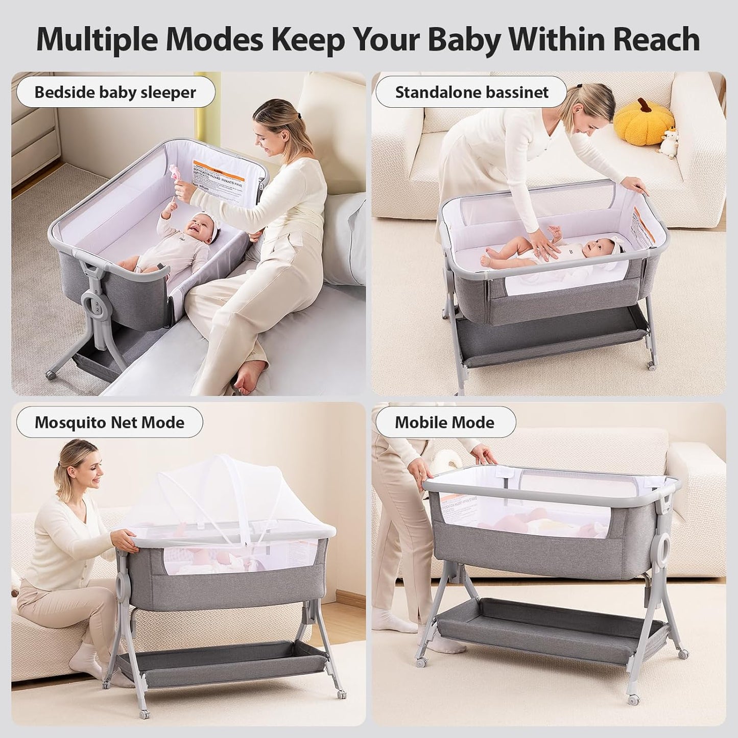Larex Baby Bassinet Bedside Sleeper Crib Co Sleeper for Newborn Infant Toddler with Mosquito Net, Storage Bag & Basket, 5-Height Adjustable, Movable Wheels, Breathable Mattress & Mesh (Dark Gray)