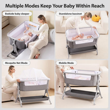 Larex Baby Bassinet Bedside Sleeper Crib Co Sleeper for Newborn Infant Toddler with Mosquito Net, Storage Bag & Basket, 5-Height Adjustable, Movable Wheels, Breathable Mattress & Mesh (Dark Gray)