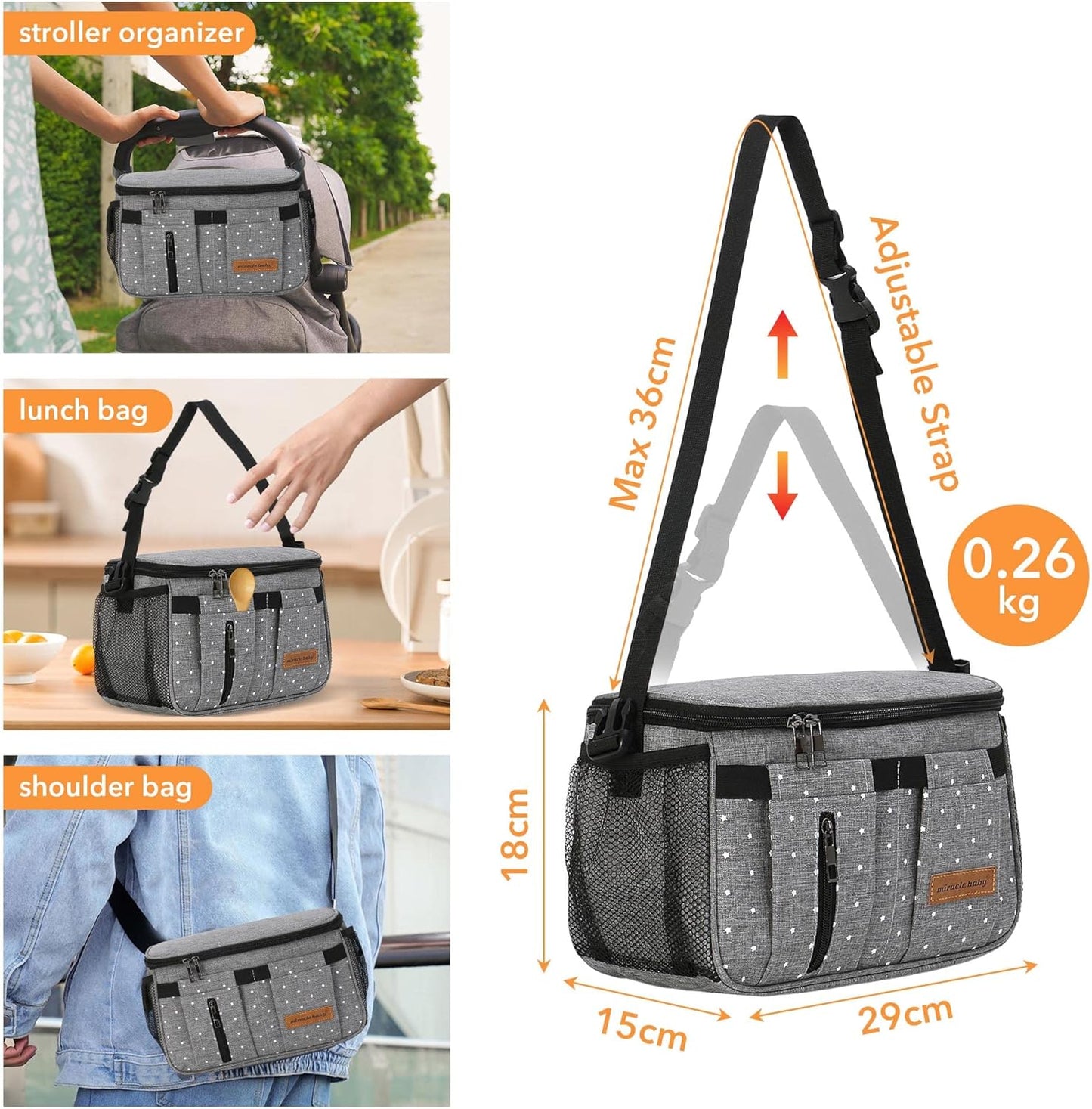 Miracle Baby Stroller Organizer Bag for Mom,Universal Stroller Storage Caddy Diaper Bag- Compatible with Most Stroller - Multifunctional Larg(Grey Star)