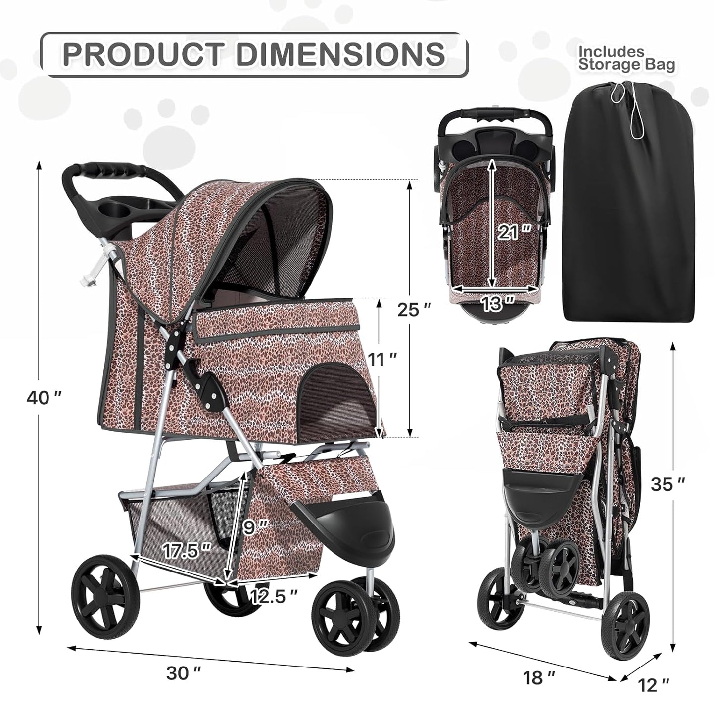 MoNiBloom Foldable Pet Stroller with Weather Cover, 3 Wheels Pet Strolling Cart for Small/Medium Dogs and Cats with Storage Basket and Cup Holder, Breathable and Visible Mesh for All-Season, Black