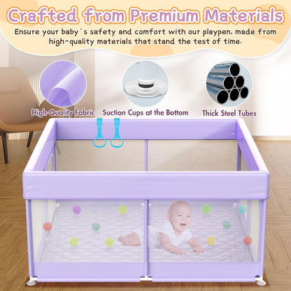 Baby Playpen with Mat - 79"x71" Extra Large Play Pens for Babies and Toddlers Indoor Safety Baby Fence with Soft Breathable Mesh - All-Wrapped Sponge Sturdy Play Yard with Handle & Bag Purple