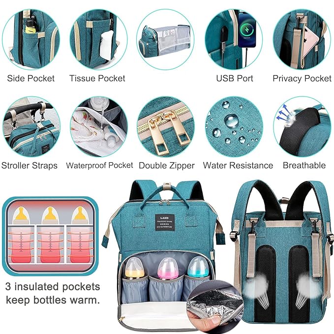 ANWTOTU Baby Diaper Bags with Changing Station,900D Oxford Waterproof Diaper Bag Backpack for Moms Dads with USB Charging Port,Large Capacity Baby Essentials(Ungrade-Green)