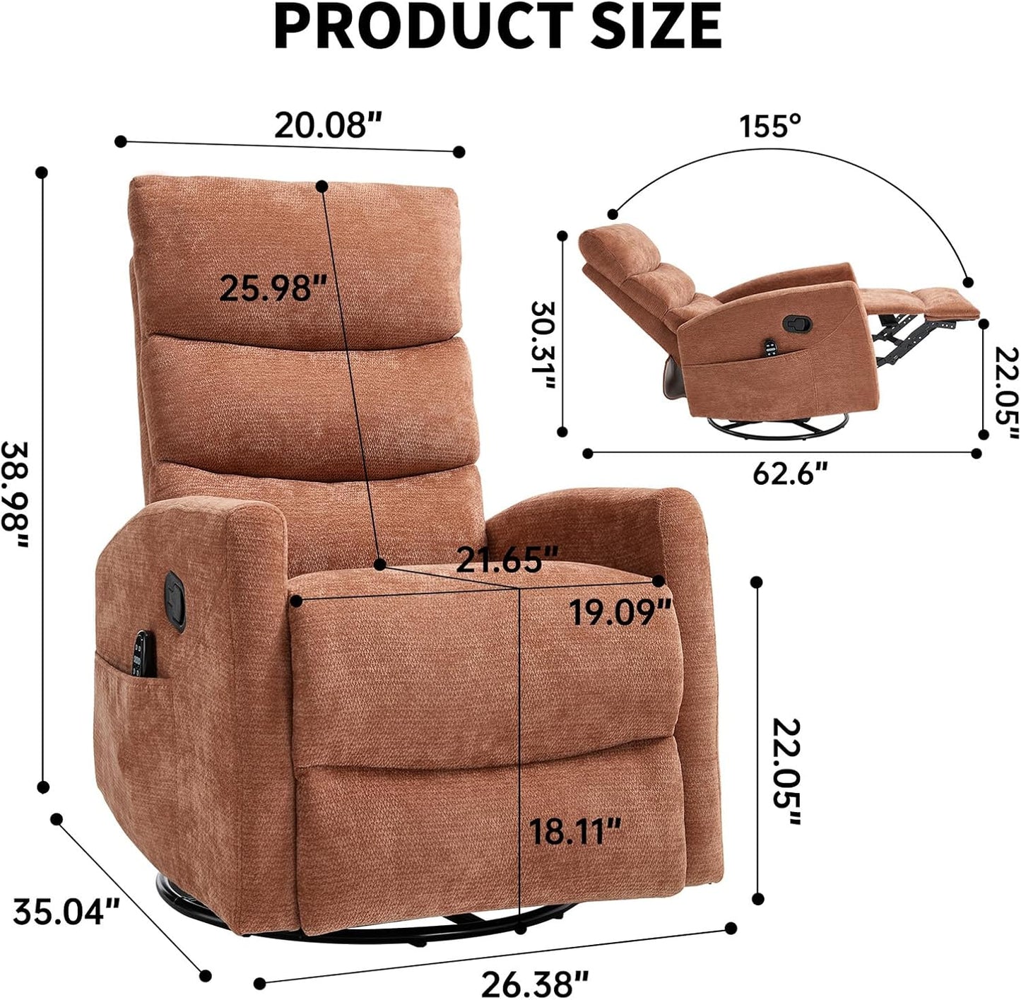 Massage Chair Recliner with Heat, Swivel Rocking Chair Recliner with High Back, Manual Nursery Recliners for Adults,Small Recliner Chair for Small Spaces, Living Room Bedroom, Fabric (Blue Green)