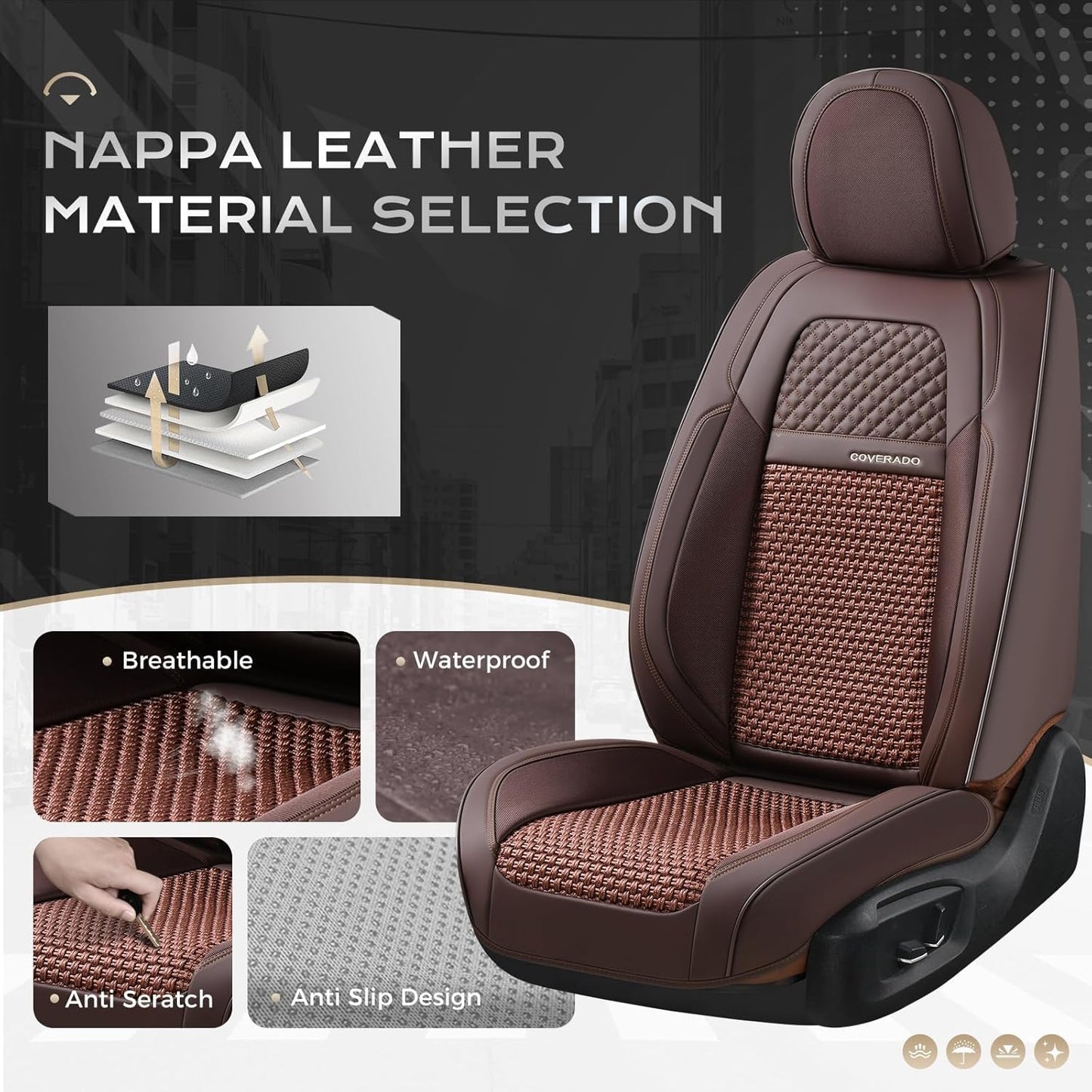 Coverado Leather Seat Covers for Car, Waterproof Car Seat Covers Full Set, 2 in 1 Conversions Car Seat Cover Protector Car Accessories Universal Fit for Most Cars SUVs and Trucks Beige