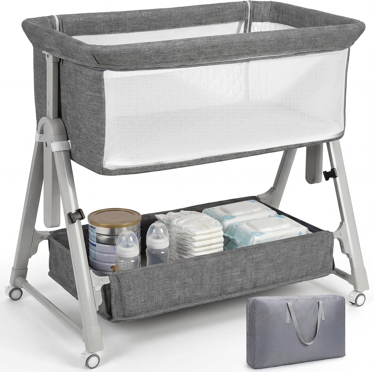 Cowiewie Bassinet Bedside Sleeper,3-in-1 Baby Bassinet with Mattress & Wheels,Easy Folding Portable Bedside Bassinet for Baby with Storage & Travel Bag,Breathable Mesh,Stable & Secure,Beige