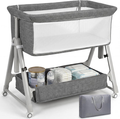 Cowiewie Bassinet Bedside Sleeper,3-in-1 Baby Bassinet with Mattress & Wheels,Easy Folding Portable Bedside Bassinet for Baby with Storage & Travel Bag,Breathable Mesh,Stable & Secure,Beige
