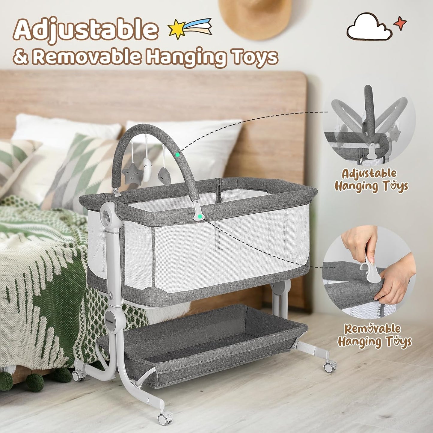 Cowiewie Baby Bassinet 4-Sided Mesh Bedside Sleeper with Wheels for Infant/Newborn Foldable Adjustable Height Portable Bedside Crib(Grey) | Breathable Mesh