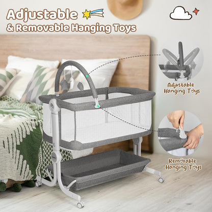 Cowiewie Baby Bassinet 4-Sided Mesh Bedside Sleeper with Wheels for Infant/Newborn Foldable Adjustable Height Portable Bedside Crib(Grey) | Breathable Mesh