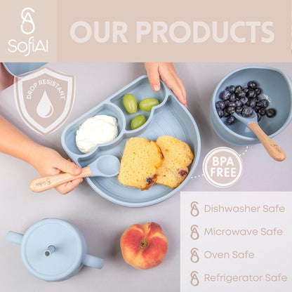 BPA-Free Non-Toxic Silicone Baby Feeding Set – Suction Plate, Bowl, Bib & Cup – 11-Piece Baby Led Weaning Set for Ages 6-18 Months – Eco Gift Bag (Dusty Blue)