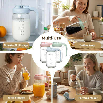 Breast Milk Pitcher 32 OZ, Heat & Cold Resistant, Sudden Temperature Safe, Fast Baby Formula Maker with Wide Mouth, No Leak Borosilicate Glass Fridge Storage Container for Juice, Cold Brew-Blue