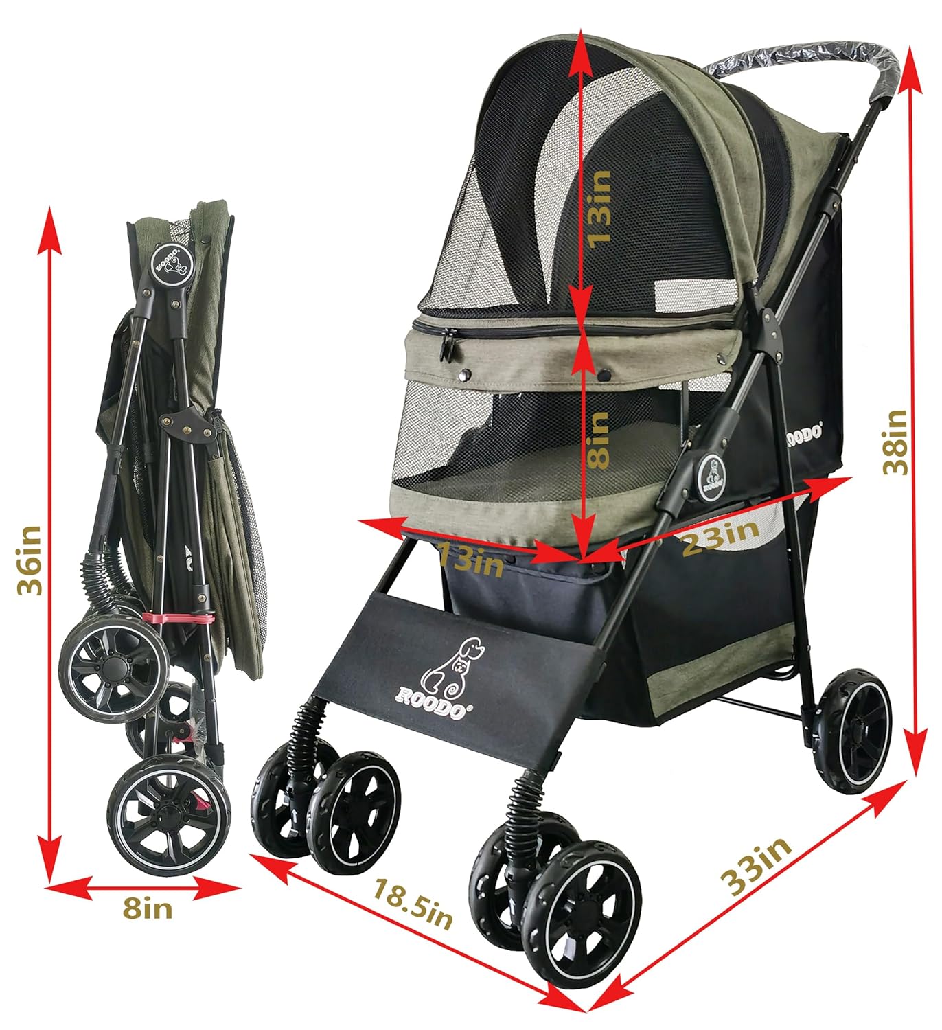 ROODO 4 Wheel Dog Cat Pet Stroller Best Lightweight Foldable Compact Portable Jogger All Terrain Travel Pet Gear Puppy Doggie Bunny Kitty Stroller for up to 30lbs Medium Small Dogs Cats(Light Khaki)