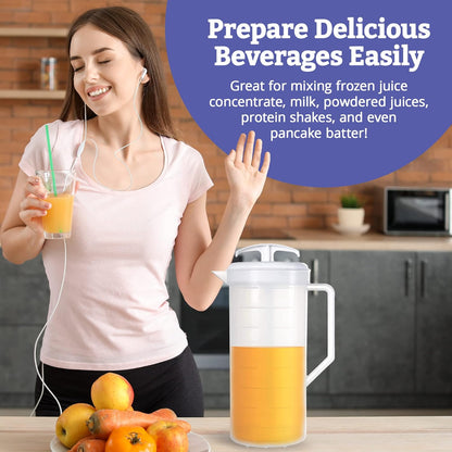 JBK Pottery 2-Quart White Mixing Pitcher with Plunger – BPA-Free Plastic Mixing Jug for Juice, Milk, Tea, Shakes, and More – Dishwasher-Safe, Spill-Proof Lid, Smart Stirring Design