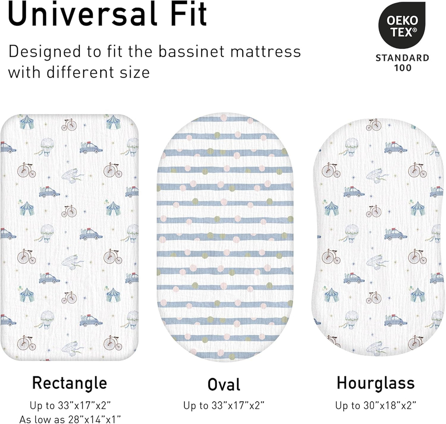 Muslin Bassinet Fitted Sheets 2 Pack, Soft Breathable Cotton Baby Bassinet Mattress Sheet Set, 360° Elastic Snug Fit, Universal for Oval, Rectangle & Hourglass Cradle, Unisex Baby Bedding (Cute Cars)