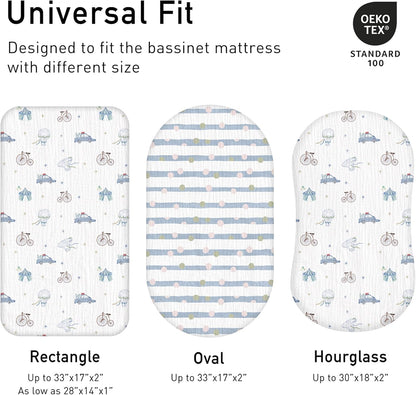 Muslin Bassinet Fitted Sheets 2 Pack, Soft Breathable Cotton Baby Bassinet Mattress Sheet Set, 360° Elastic Snug Fit, Universal for Oval, Rectangle & Hourglass Cradle, Unisex Baby Bedding (Cute Cars)
