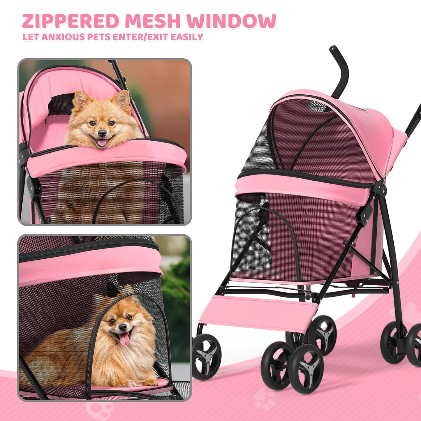 Magshion Compact Pet Stroller for Small-Medium Dogs/Cats up to 22lbs, 4-Wheel Lightweight Umbrella Shaped Portable Puppy Travel Jogger with Breathable Mesh, Cup Holder & Rear Storage, Black