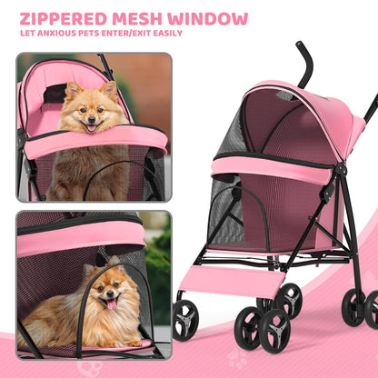 Magshion Compact Pet Stroller for Small-Medium Dogs/Cats up to 22lbs, 4-Wheel Lightweight Umbrella Shaped Portable Puppy Travel Jogger with Breathable Mesh, Cup Holder & Rear Storage, Black