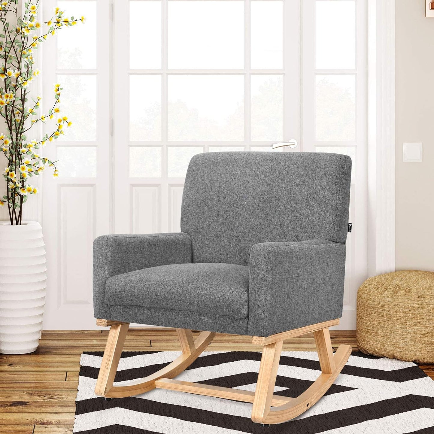 Giantex Upholstered Rocking Chair, Nursery Rocking Chair w/Widened Back, Machine-Washable Seat Cushion Cover, Solid Rubber Wood Frame, Glider Rocker Accent Chair for Living Room, Bedroom, Beige