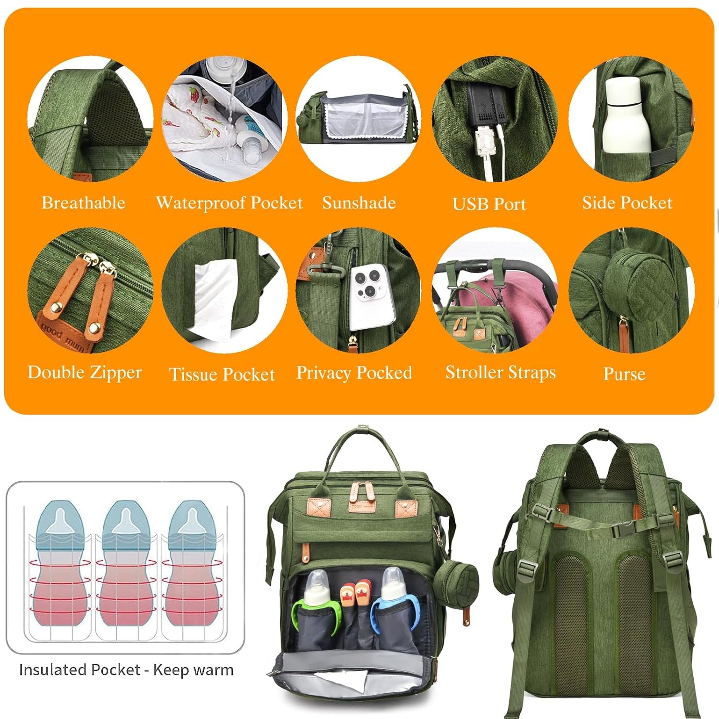 Astro alan Baby Diaper Bag with Changing Station, Waterproof Diaper Bag Backpack for Moms Dads with USB Charging Port, Baby Shower Gifts, Large Capacity diaper backpack, Grey