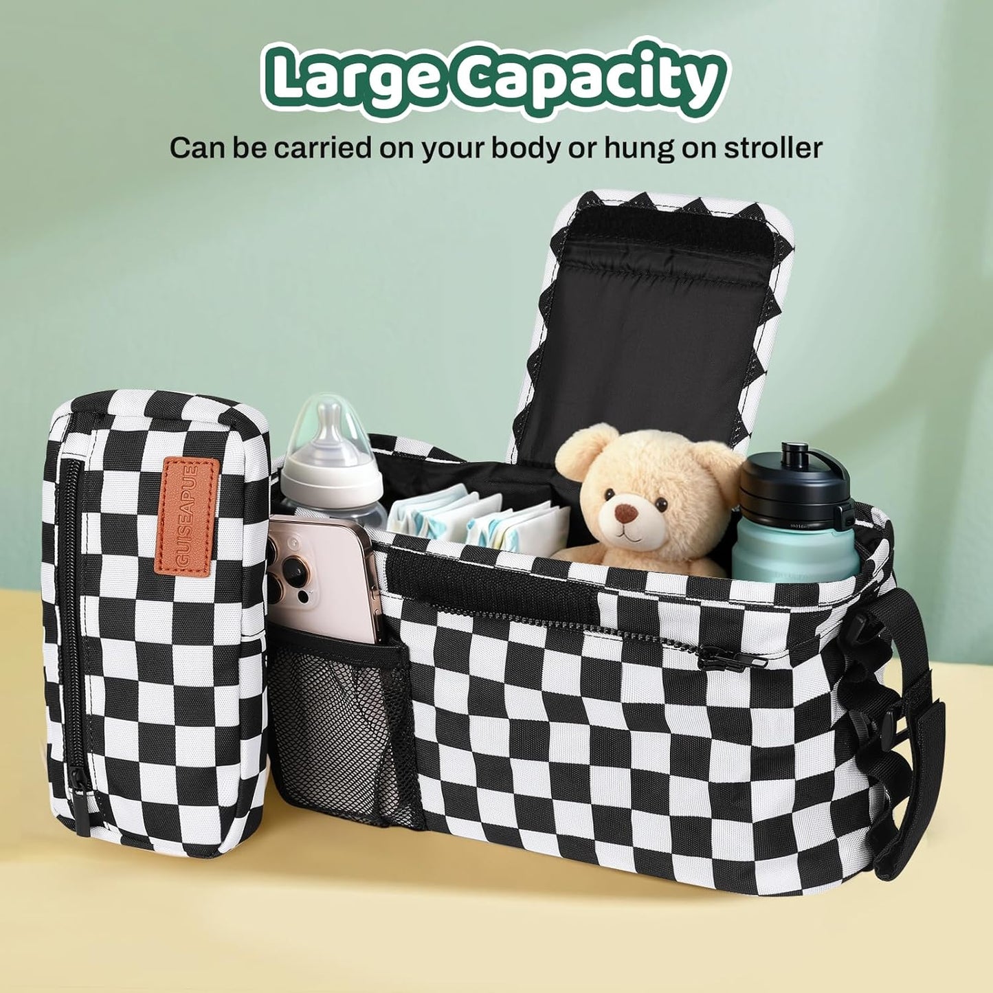 Guiseapue Universal Stroller Organizer with Cup Holder: Stroller Caddy Accessories with Detachable Phone Bag Fit for Uppababy, Non-Slip Straps, Walker Accessories, First Mothers Day Gifts for New Mom