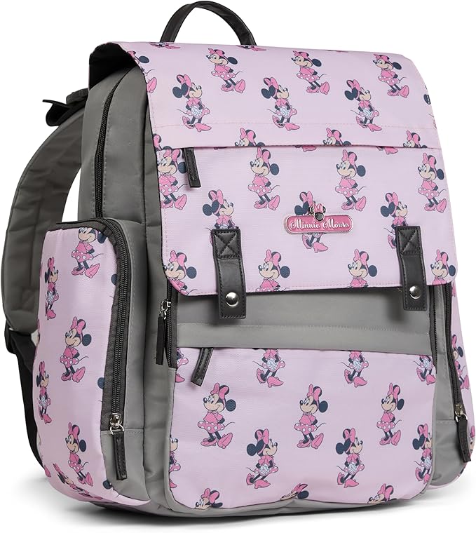 Disney Diaper Bag Backpack with Changing Pad Minnie Mouse – 16” Nylon Baby Bag for Parents, Insulated Bottle Holders, Multiple Storage Pockets
