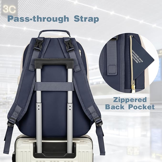 MOMUVO Diaper Bag Backpack, Quilted Baby Bag with Changing Pad & Stroller Straps & Pacifier Case, Large Travel Diaper Bags for Mom Dad, Blue Beige