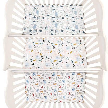 Onacosht Pack and Play Sheets 3 Pack for Baby Boy, Stretchy Jersey Knitted Portable Mini Crib Sheets Playard Mattress Cover, Woodland Animal Elephant Fox Lion Bear Giraffe Zebra Printing