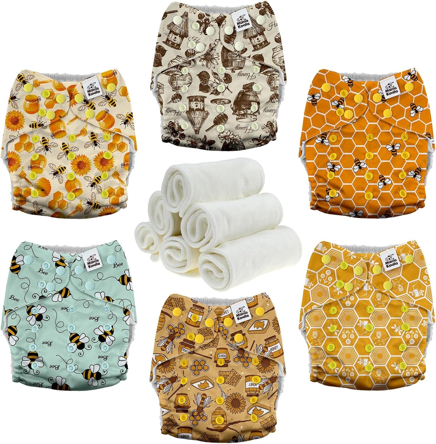 Mama Koala 3.0 Pocket Cloth Diapers for Babies with AWJ Lining, 6 Pack with 6 4-Layer Natural Cloth Diaper Inserts - Reusable and Washable Pocket Diapers(Hardworking Bees) - Colors A