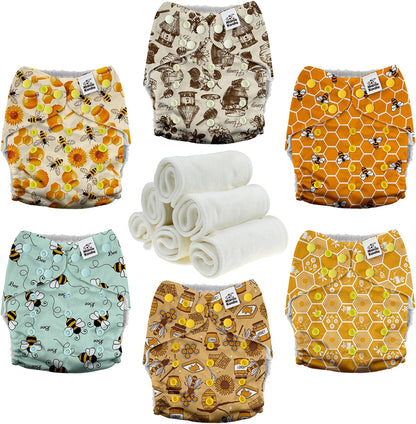 Mama Koala 3.0 Pocket Cloth Diapers for Babies with AWJ Lining, 6 Pack with 6 4-Layer Natural Cloth Diaper Inserts - Reusable and Washable Pocket Diapers(Hardworking Bees) - Colors A