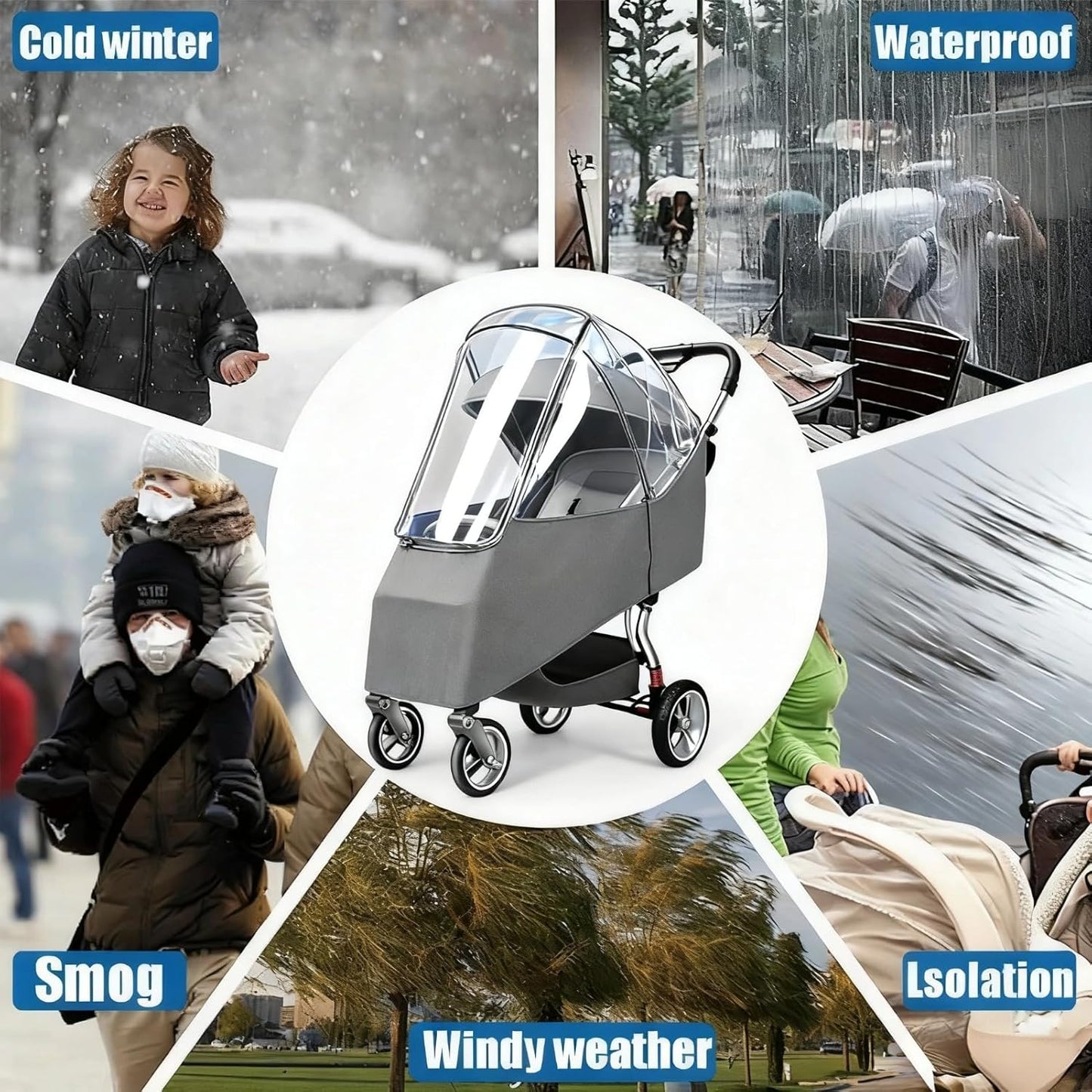 Stroller Rain Cover, Universal Accessory, Universal Rain Cover Weather Windproof Coldproof with Breathable Holes for Most Strollers (Gray)