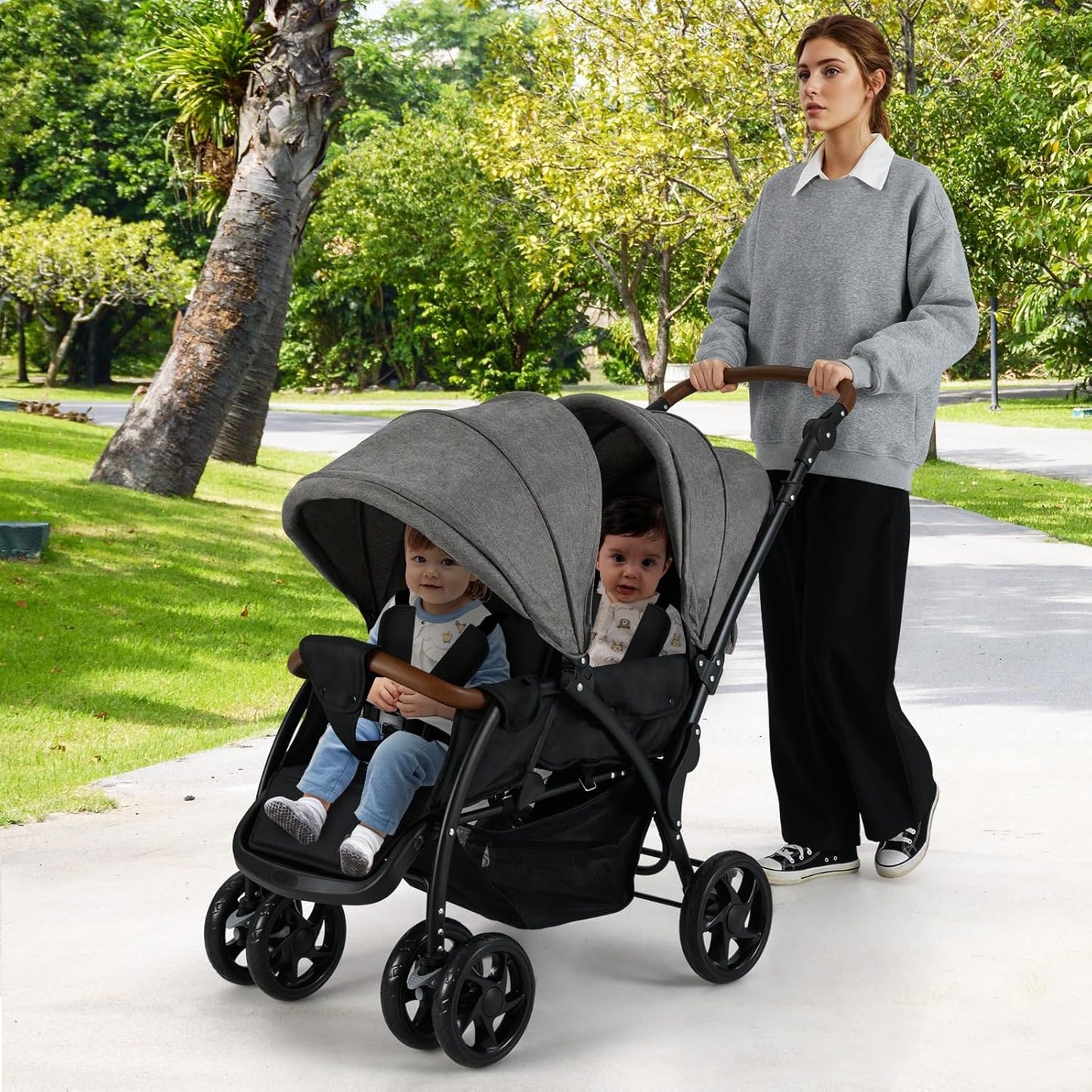 INFANS Double Stroller, Foldable Baby Tandem Stroller with Djustable Backrest Canopy Footrest, 5-Point Harness, Storage Basket, Convertible Compact Twin Stroller for Infants and Toddlers