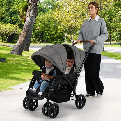 INFANS Double Stroller, Foldable Baby Tandem Stroller with Djustable Backrest Canopy Footrest, 5-Point Harness, Storage Basket, Convertible Compact Twin Stroller for Infants and Toddlers