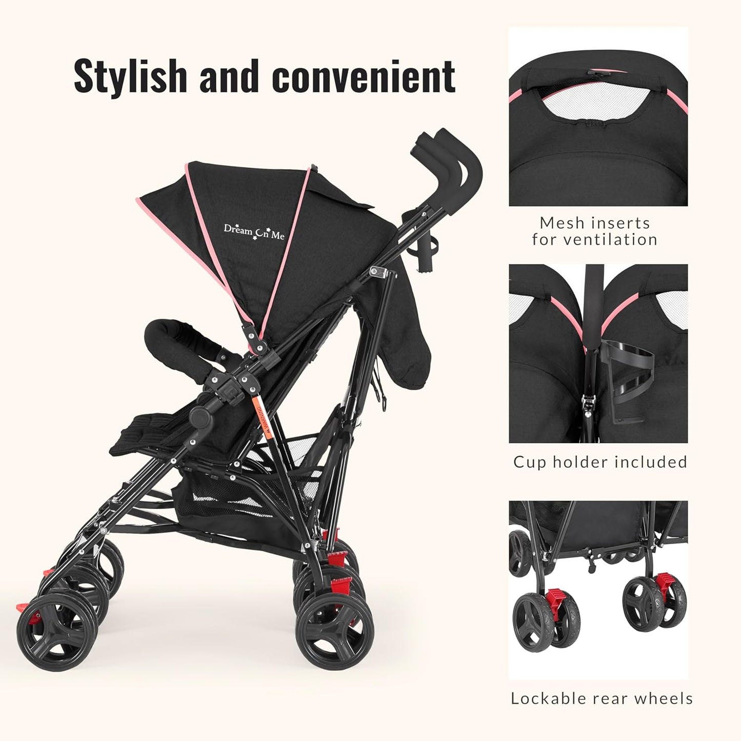 Dream On Me Volgo Twin Umbrella Stroller in Black, Lightweight Double Stroller for Infant & Toddler, Compact Easy Fold, Large Storage Basket, Large and Adjustable Canopy